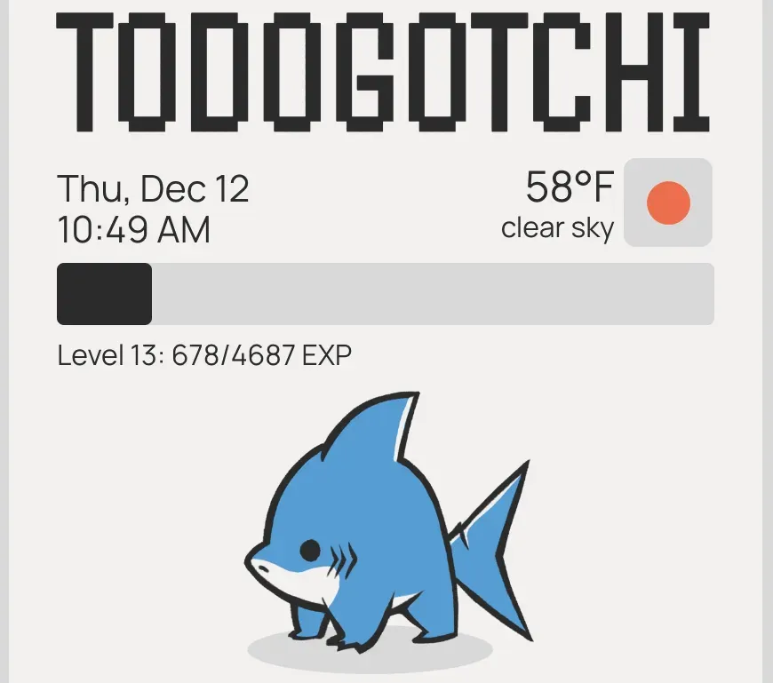Todogotchi app interface with virtual pet