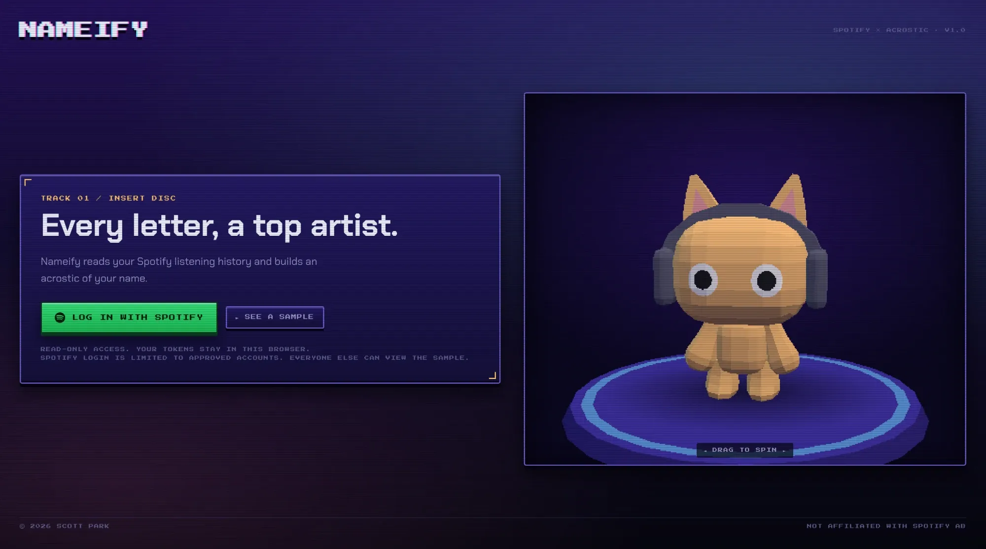 Nameify landing page with a voxel cat wearing headphones