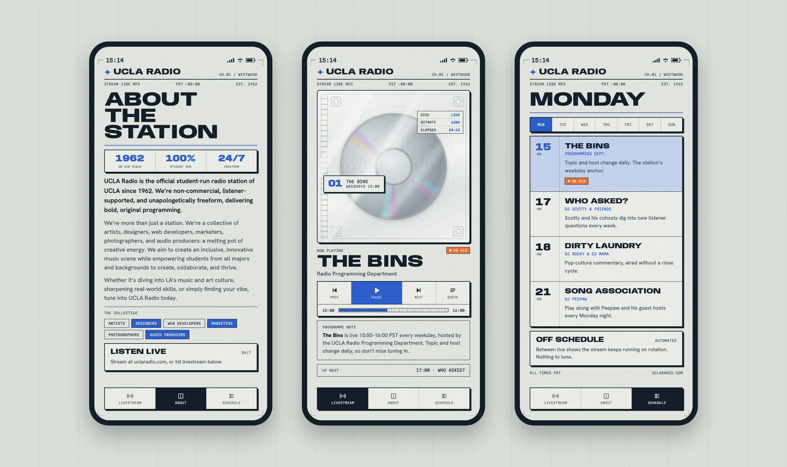 Three phone screens on a bone-grey ground: the about page, a now-playing screen showing a CD in a clear jewel case, and Monday's show schedule